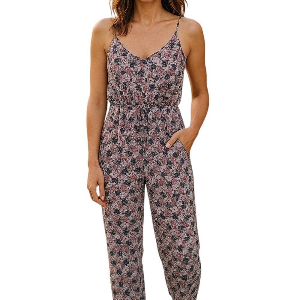 la Vie en Rose Pink Floral Romper Jumpsuit w/Pockets Stretchy - Size Large